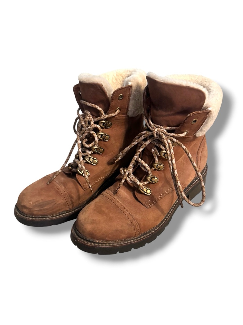 Frye Women's Samantha Hiker Boots Brown Leather with Shearling Cuff lace up 8.5